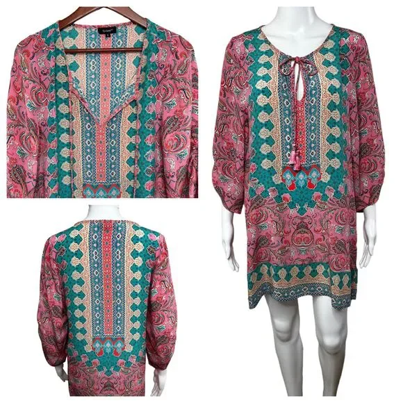 Anthropologie Tolani Silk Pink Geometric Tunic Dress Blouse Size Small Coastal - Picture 2 of 16